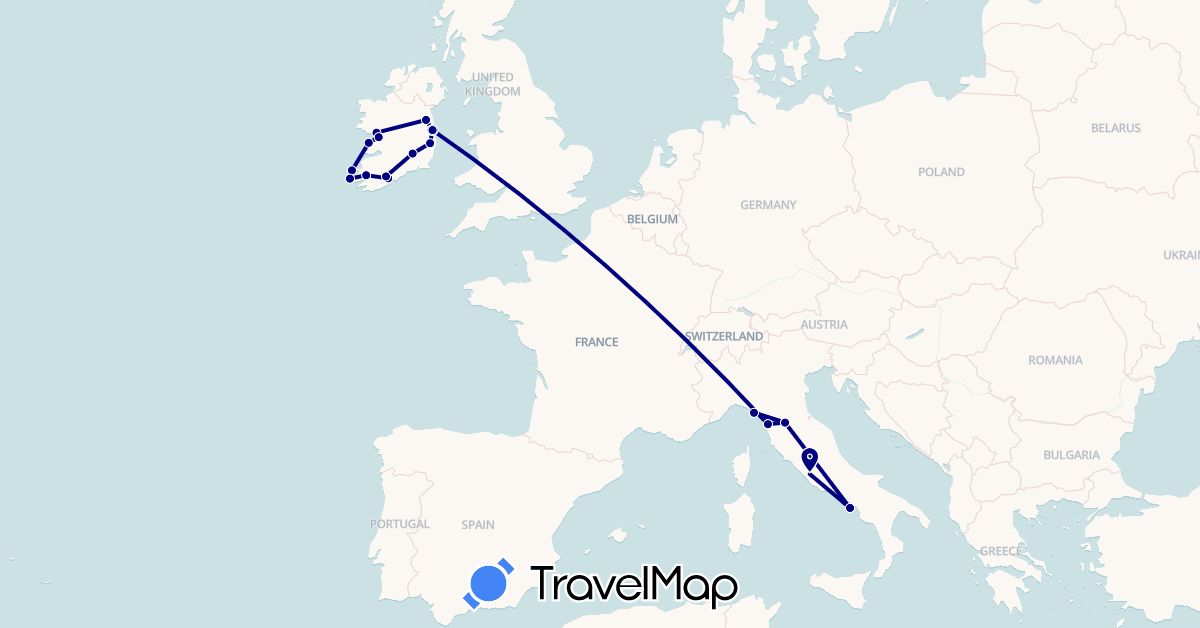 TravelMap itinerary: driving in Ireland, Italy (Europe)